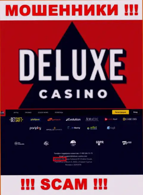 Сведения о юридическом лице Deluxe Casino у них на официальном ресурсе имеются - это БОВИВЕ ЛТД