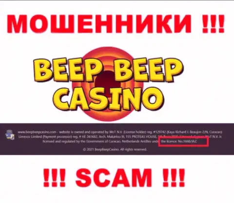 Не взаимодействуйте с конторой BeepBeep Casino, зная их лицензию, приведенную на интернет-ресурсе, Вы не сумеете спасти свои вложения