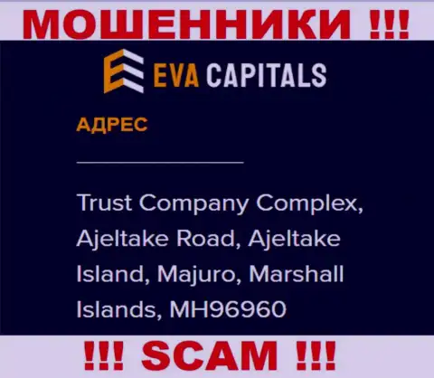 На сайте EvaCapitals размещен офшорный адрес компании - Комплекс трастовой компании, Аджелтейк Роад, Аджелтейк Исланд, Маджуро, Маршалловы острова, MH96960, будьте очень осторожны - это мошенники