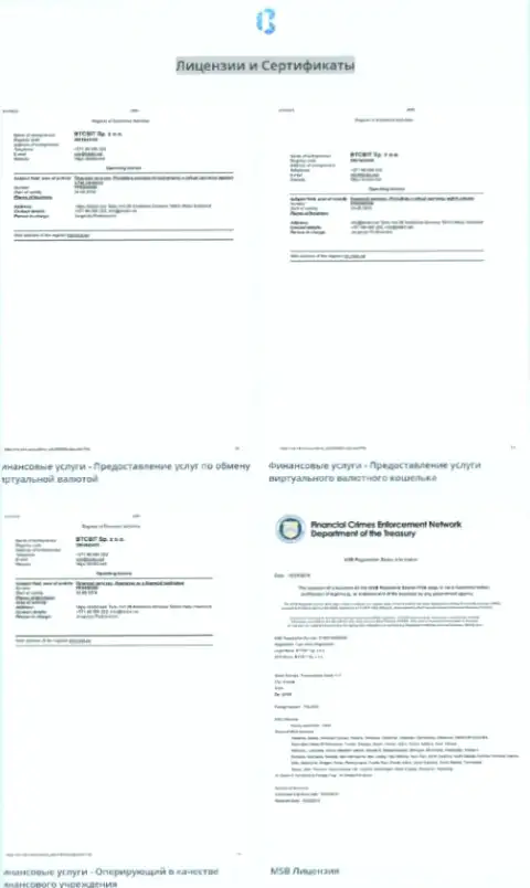 Лицензионные документы, а также сертификаты онлайн обменки БТКБит Нет